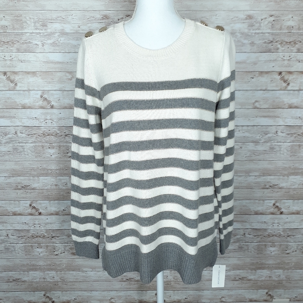 Charter Club Sweater M Stripe Gold Buttons 384
